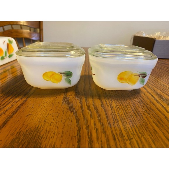 5 pc Fire King Gay Fad Fruit Loaf Pan - (2) Refrigerator Dish with glass lid - Picture 6 of 10